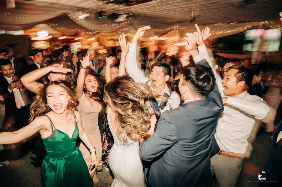 Guests dancing and celebrating at a wedding reception